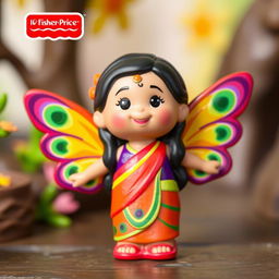 A Fisher-Price Little People-style figurine representing an Indian fairy, featuring small, colorful peacock pattern wings that are bright and playful