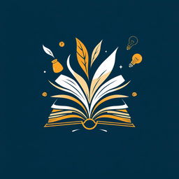 A creative logo design for a book, featuring an open book with pages flowing elegantly, surrounded by stylized elements that suggest knowledge and creativity, such as a quill pen, ink pot, and light bulbs to represent ideas