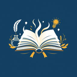 A creative logo design for a book, featuring an open book with pages flowing elegantly, surrounded by stylized elements that suggest knowledge and creativity, such as a quill pen, ink pot, and light bulbs to represent ideas