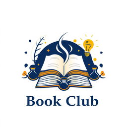 A creative logo design for a book, featuring an open book with pages flowing elegantly, surrounded by stylized elements that suggest knowledge and creativity, such as a quill pen, ink pot, and light bulbs to represent ideas
