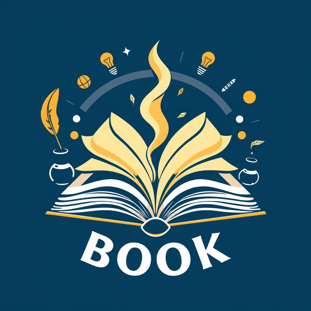 A creative logo design for a book, featuring an open book with pages flowing elegantly, surrounded by stylized elements that suggest knowledge and creativity, such as a quill pen, ink pot, and light bulbs to represent ideas