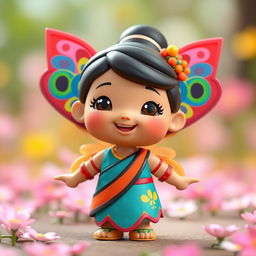 A 3D Pixar-style cartoon character inspired by Fisher-Price Little People, depicting an Indian fairy