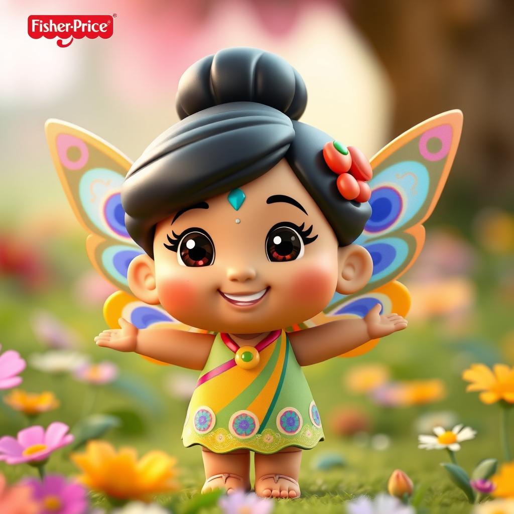A 3D Pixar-style cartoon character inspired by Fisher-Price Little People, depicting an Indian fairy