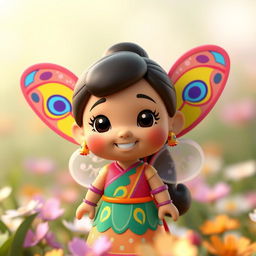 A 3D Pixar-style cartoon character inspired by Fisher-Price Little People, depicting an Indian fairy