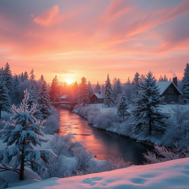 A captivating winter landscape on December 17th, showcasing a serene snowy scene illuminated by a warm golden sunset