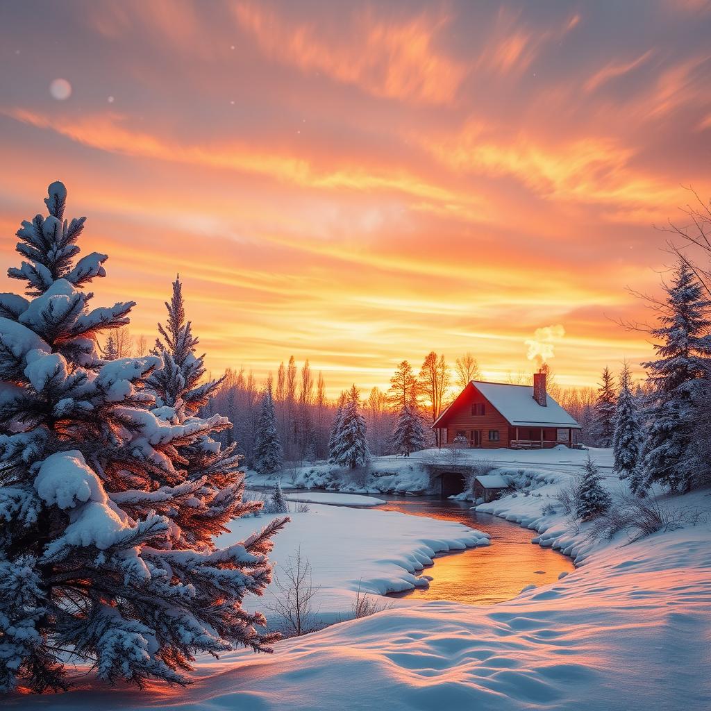 A captivating winter landscape on December 17th, showcasing a serene snowy scene illuminated by a warm golden sunset