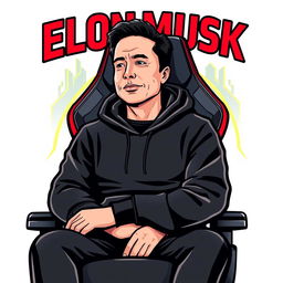 A logo design featuring a stylized illustration of Elon Musk dressed in a black hoodie, sitting comfortably in a modern gamer chair