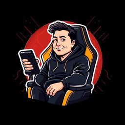A logo design featuring a stylized illustration of Elon Musk dressed in a black hoodie, sitting comfortably in a modern gamer chair