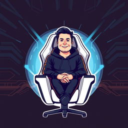 A logo design featuring a stylized illustration of Elon Musk dressed in a black hoodie, sitting comfortably in a modern gamer chair