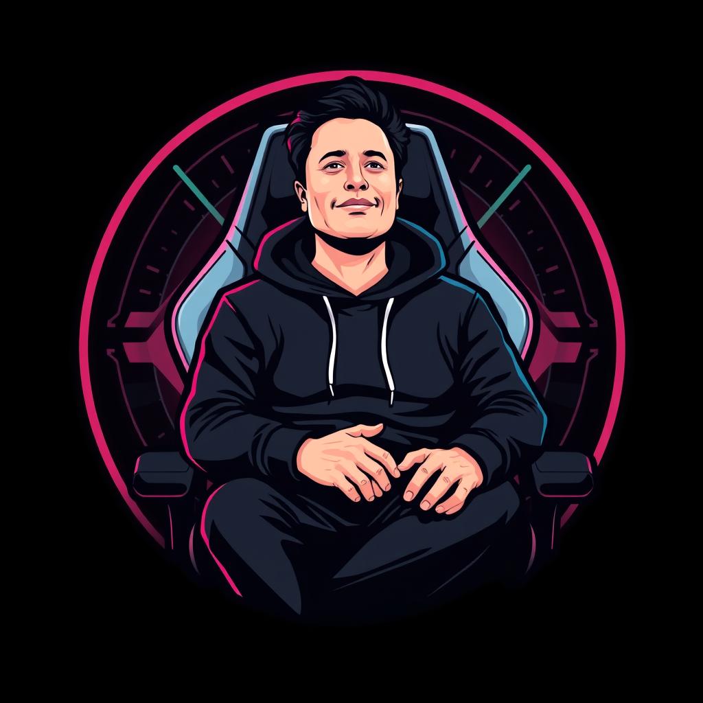 A logo design featuring a stylized illustration of Elon Musk dressed in a black hoodie, sitting comfortably in a modern gamer chair