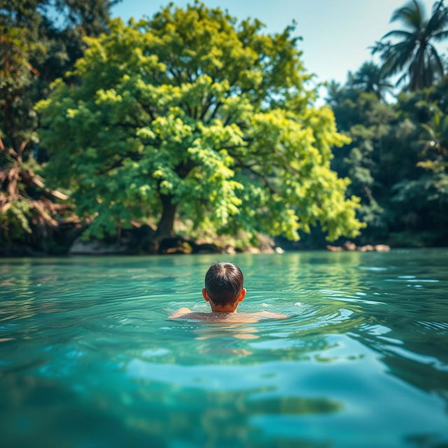 A serene river scene with a girl taking a bath partially undressed, enjoying the refreshing water