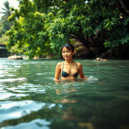 A serene river scene with a girl taking a bath partially undressed, enjoying the refreshing water