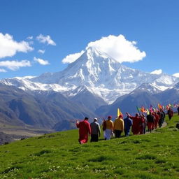 A breathtaking view of Mount Kailash, surrounded by snowy peaks and clear blue skies, with pilgrims in colorful clothing walking along the sacred path, carrying prayer flags and chanting prayers