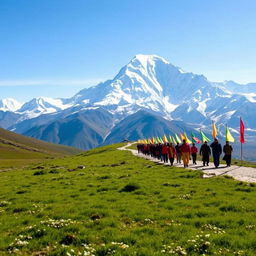 A breathtaking view of Mount Kailash, surrounded by snowy peaks and clear blue skies, with pilgrims in colorful clothing walking along the sacred path, carrying prayer flags and chanting prayers