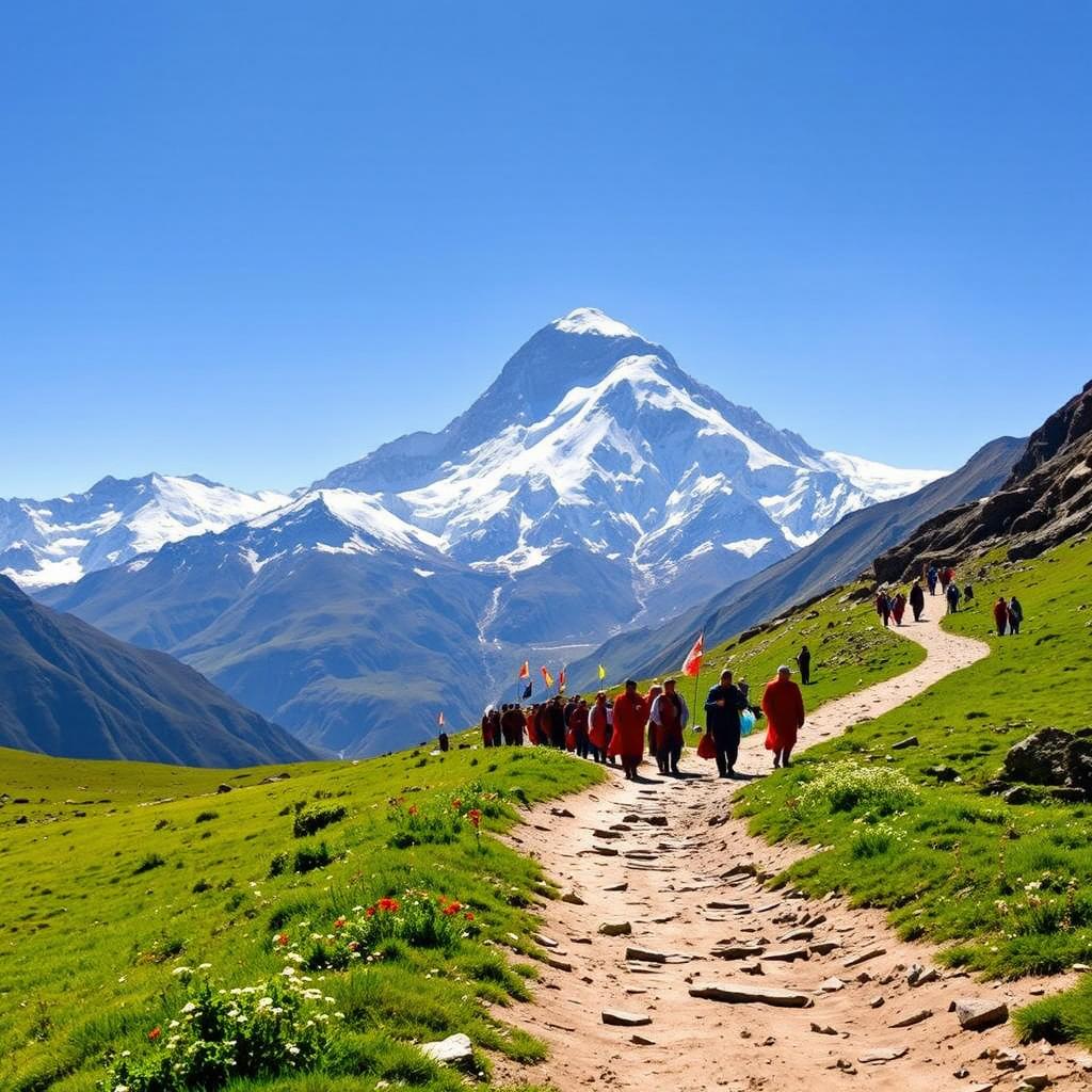 A breathtaking view of Mount Kailash, surrounded by snowy peaks and clear blue skies, with pilgrims in colorful clothing walking along the sacred path, carrying prayer flags and chanting prayers