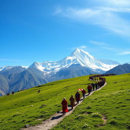 A breathtaking view of Mount Kailash, surrounded by snowy peaks and clear blue skies, with pilgrims in colorful clothing walking along the sacred path, carrying prayer flags and chanting prayers