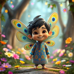 A whimsical 3D Pixar-style cartoon character depicting a small fairy boy with vibrant peacock-patterned wings