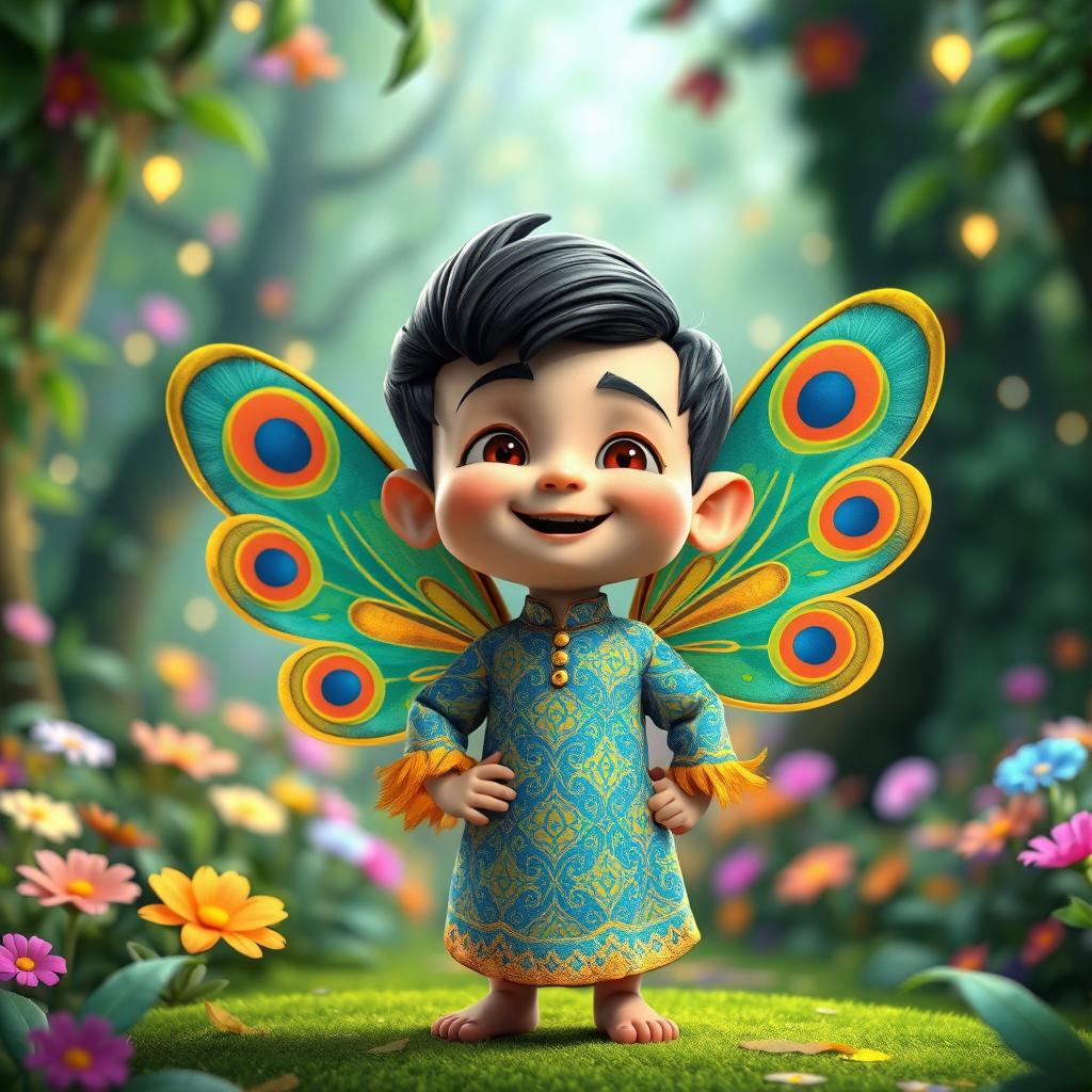 A whimsical 3D Pixar-style cartoon character depicting a small fairy boy with vibrant peacock-patterned wings