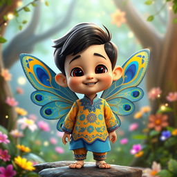 A whimsical 3D Pixar-style cartoon character depicting a small fairy boy with vibrant peacock-patterned wings