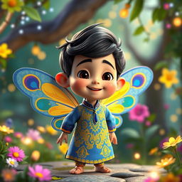 A whimsical 3D Pixar-style cartoon character depicting a small fairy boy with vibrant peacock-patterned wings