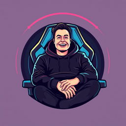 A logo design featuring a stylized illustration of Elon Musk dressed in a sleek black hoodie, sitting in a contemporary gamer chair
