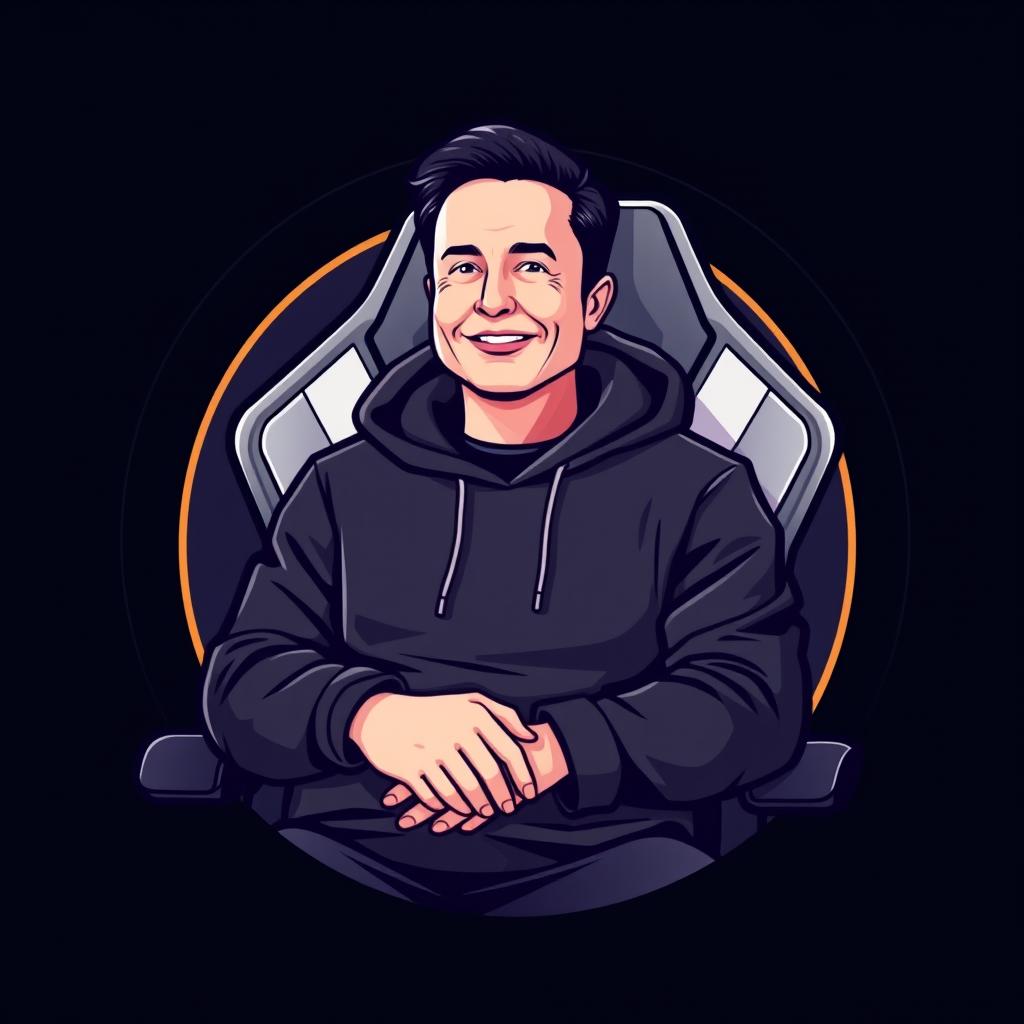 A logo design featuring a stylized illustration of Elon Musk dressed in a sleek black hoodie, sitting in a contemporary gamer chair