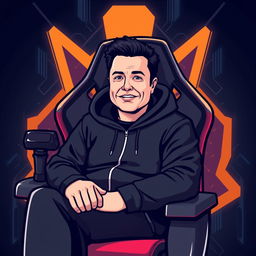 A logo design featuring a stylized illustration of Elon Musk dressed in a sleek black hoodie, sitting in a contemporary gamer chair