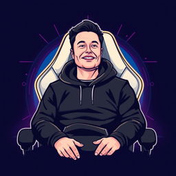 A logo design featuring a stylized illustration of Elon Musk dressed in a sleek black hoodie, sitting in a contemporary gamer chair