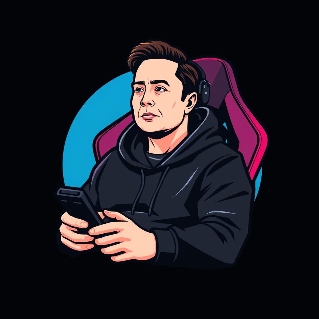 A modern vector-style logo featuring Elon Musk portrayed as a gamer