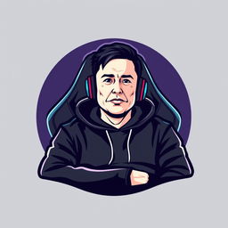 A modern vector-style logo featuring Elon Musk portrayed as a gamer