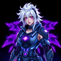 A stylish Free Fire female character with striking white hair, outfitted in sleek and futuristic battle attire that features various high-tech elements and armor plating