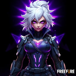 A stylish Free Fire female character with striking white hair, outfitted in sleek and futuristic battle attire that features various high-tech elements and armor plating