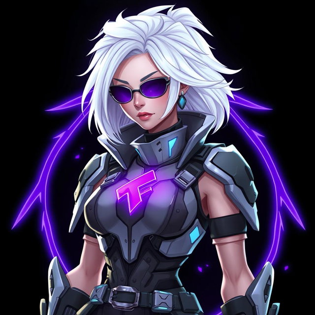 A stylish Free Fire female character with striking white hair, outfitted in sleek and futuristic battle attire that features various high-tech elements and armor plating