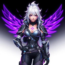 A stylish Free Fire female character with striking white hair, outfitted in sleek and futuristic battle attire that features various high-tech elements and armor plating