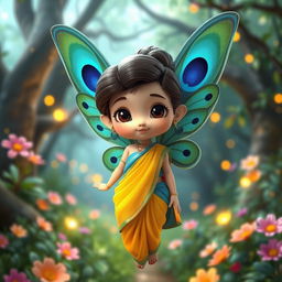 A vibrant and whimsical 3D Pixar-style chibi fairy, showcasing delicate wings adorned with a stunning peacock feather pattern