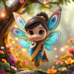 A vibrant and whimsical 3D Pixar-style chibi fairy, showcasing delicate wings adorned with a stunning peacock feather pattern