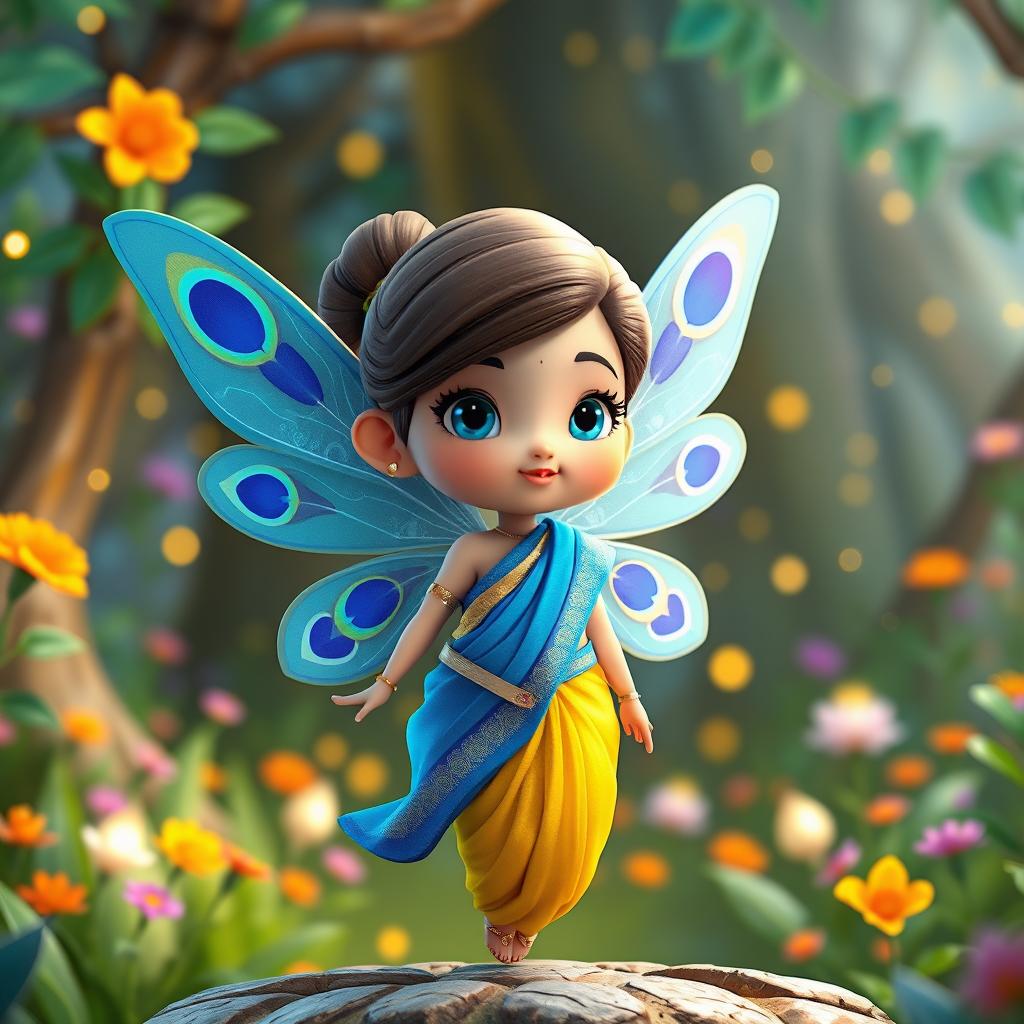A vibrant and whimsical 3D Pixar-style chibi fairy, showcasing delicate wings adorned with a stunning peacock feather pattern