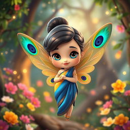 A vibrant and whimsical 3D Pixar-style chibi fairy, showcasing delicate wings adorned with a stunning peacock feather pattern