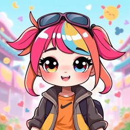 A cute female character inspired by the Free Fire game, featuring bright, vibrant colors and a playful expression