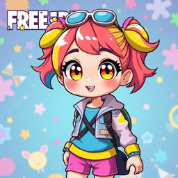 A cute female character inspired by the Free Fire game, featuring bright, vibrant colors and a playful expression
