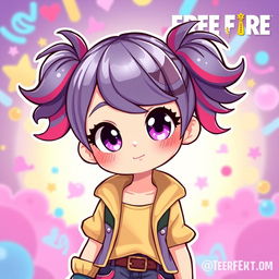 A cute female character inspired by the Free Fire game, featuring bright, vibrant colors and a playful expression