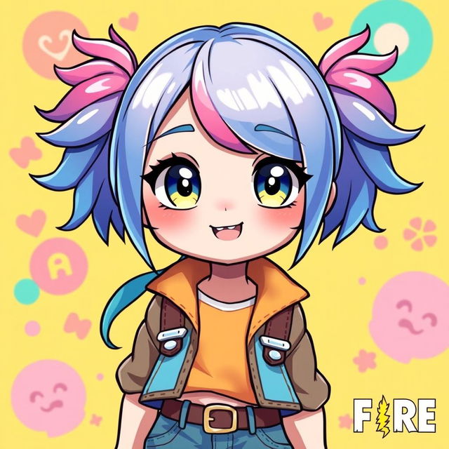 A cute female character inspired by the Free Fire game, featuring bright, vibrant colors and a playful expression