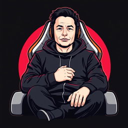 A logo design featuring Elon Musk dressed in a sleek black hoodie, sitting comfortably in a modern gamer chair