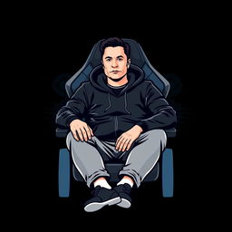 A logo design featuring Elon Musk dressed in a sleek black hoodie, sitting comfortably in a modern gamer chair