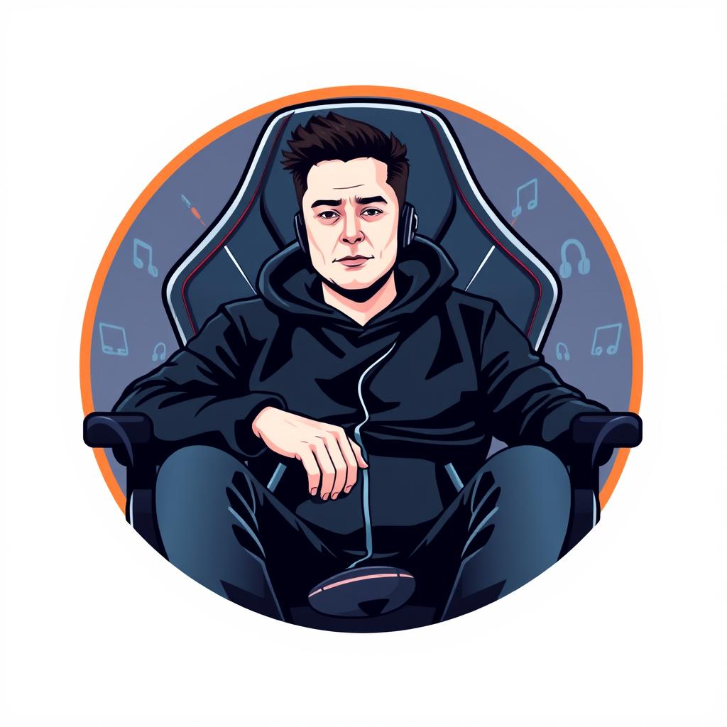 A logo design featuring Elon Musk dressed in a sleek black hoodie, sitting comfortably in a modern gamer chair