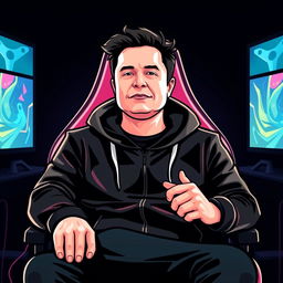 A logo design featuring Elon Musk dressed in a sleek black hoodie, sitting comfortably in a modern gamer chair
