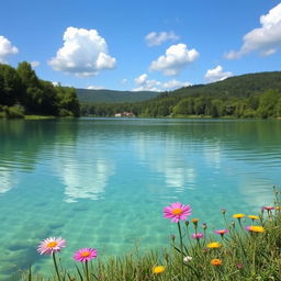 A serene landscape featuring a clean, smooth lake surrounded by lush green trees
