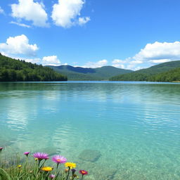 A serene landscape featuring a clean, smooth lake surrounded by lush green trees
