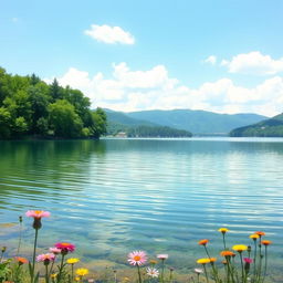 A serene landscape featuring a clean, smooth lake surrounded by lush green trees