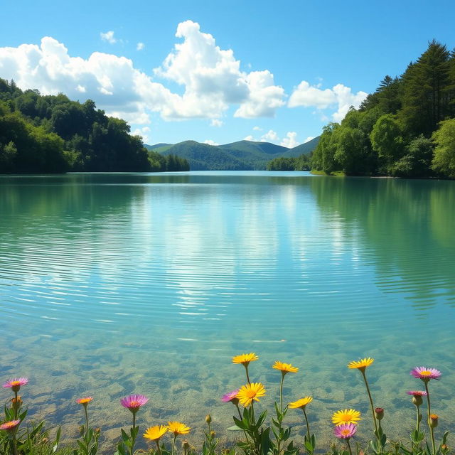 A serene landscape featuring a clean, smooth lake surrounded by lush green trees